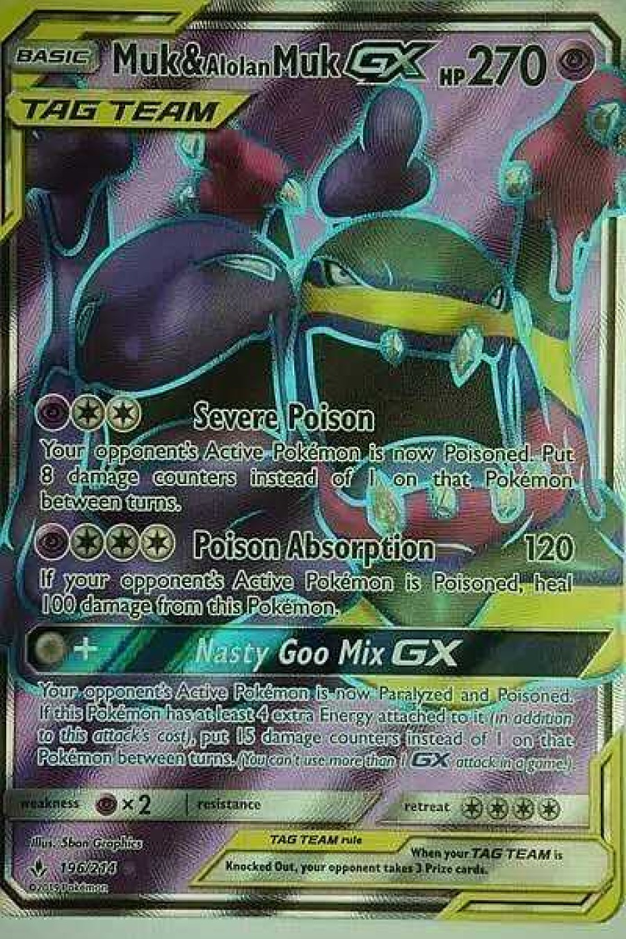 POCKET MONSTER Pokemon Kort | Muk & Alolan Muk Gx 196/214 Full Art