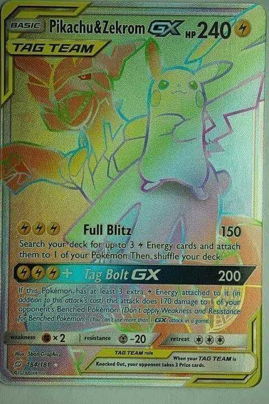 POCKET MONSTER Pokemon Kort | Pikachu & Zekrom Gx 184/181 Hyper Rare