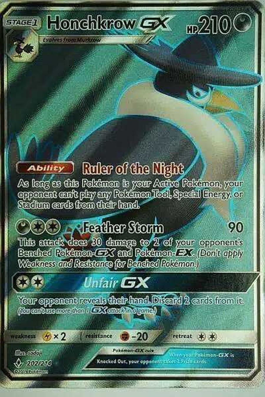 POCKET MONSTER Pokemon Kort | Honchkrow Gx 202/214 Full Art